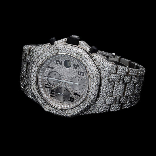 AP Royal Oak Offshore Black Standard Numerals Chronograph Dial Fully Iced Out Moissanite Watch Close Up Front View