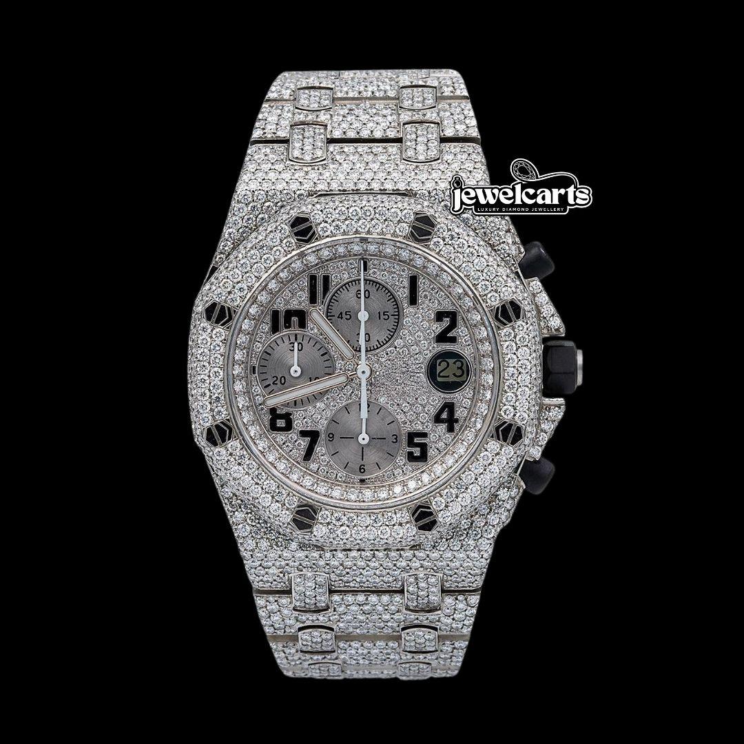 AP Royal Oak Offshore Black Standard Numerals Chronograph Dial Fully Iced Out Moissanite Watch Front View