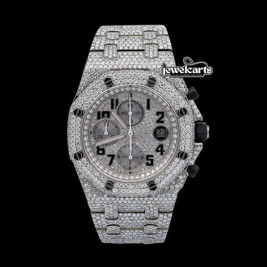 AP Royal Oak Offshore Black Standard Numerals Chronograph Dial Fully Iced Out Moissanite Watch Front View