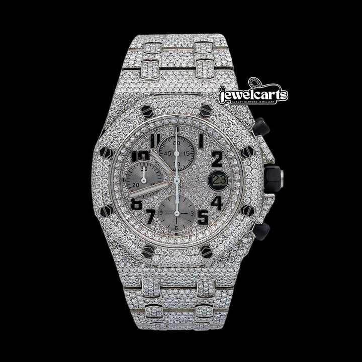 AP Royal Oak Offshore Black Standard Numerals Chronograph Dial Fully Iced Out Moissanite Watch Front View