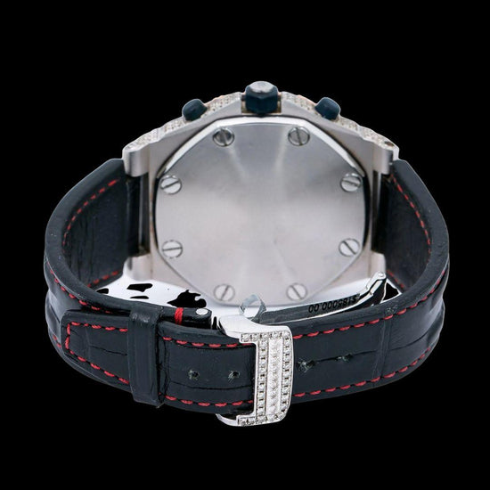 AP Royal Oak Offshore Chronograph Dial Standard Numerals Black Leather Strap Semi Iced Out Watch Caseback View