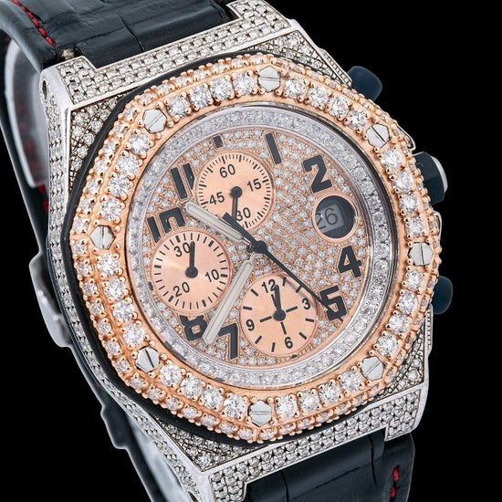 AP Royal Oak Offshore Chronograph Dial Standard Numerals Black Leather Strap Semi Iced Out Watch Close Up Dial View