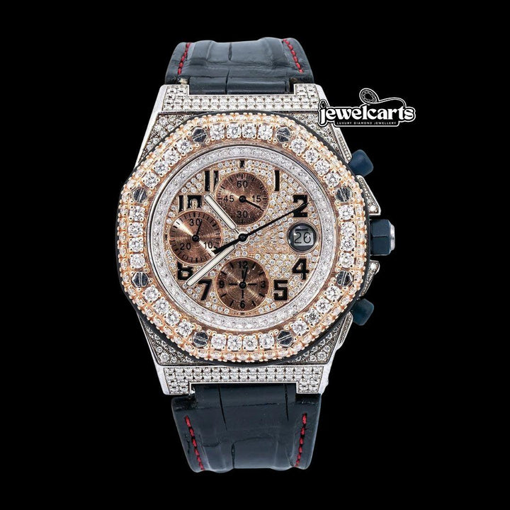 AP Royal Oak Offshore Chronograph Dial Standard Numerals Black Leather Strap Semi Iced Out Watch Front View