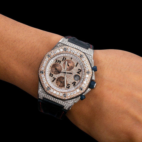 AP Royal Oak Offshore Chronograph Dial Standard Numerals Black Leather Strap Semi Iced Out Watch On Wrist View