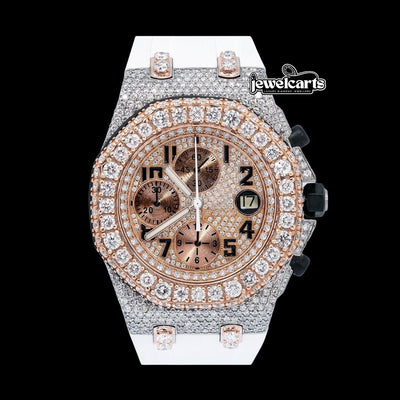 AP Royal Oak Offshore Chronograph Dial Standard Numerals Two Tone Semi Iced Out Rose Gold White Rubber Strap Watch