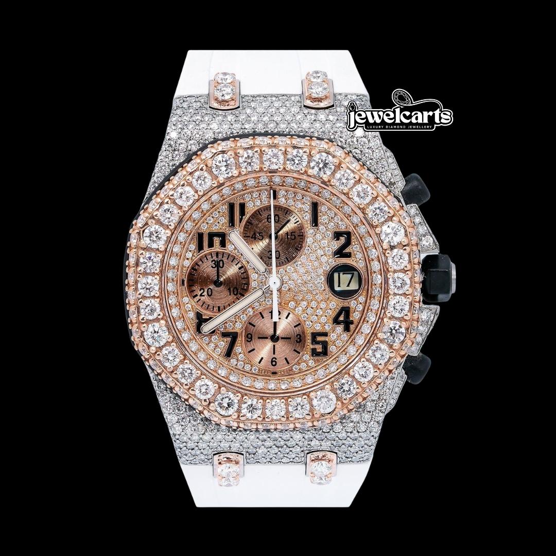 AP Royal Oak Offshore Chronograph Dial Standard Numerals Two Tone Semi Iced Out Rose Gold White Rubber Strap Watch Front View