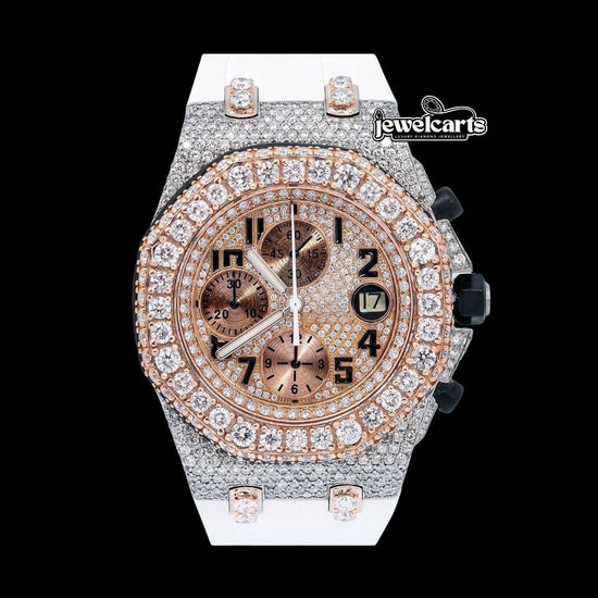 AP Royal Oak Offshore Chronograph Dial Standard Numerals Two Tone Semi Iced Out Rose Gold White Rubber Strap Watch Front View