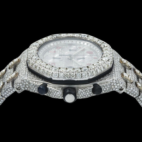 AP Royal Oak Offshore Chronograph Red Standard Numerals Fully Iced Out Moissanite Watch Crown View