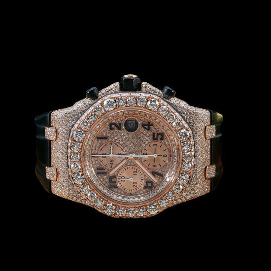 AP Royal Oak Offshore Chronograph Rose Gold Dial Black Rubber Strap Semi Iced Out Moissanite Watch Close Up Front View