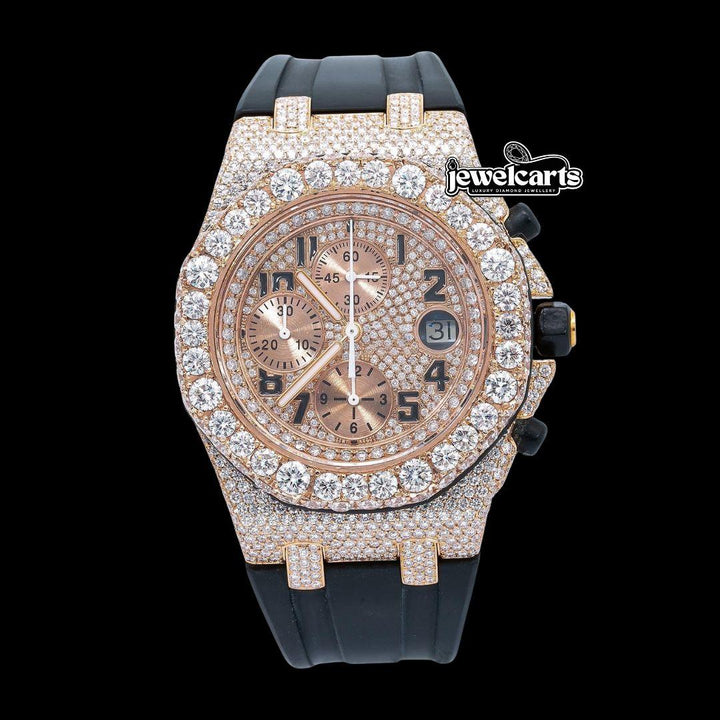AP Royal Oak Offshore Chronograph Rose Gold Dial Black Rubber Strap Semi Iced Out Moissanite Watch Front View