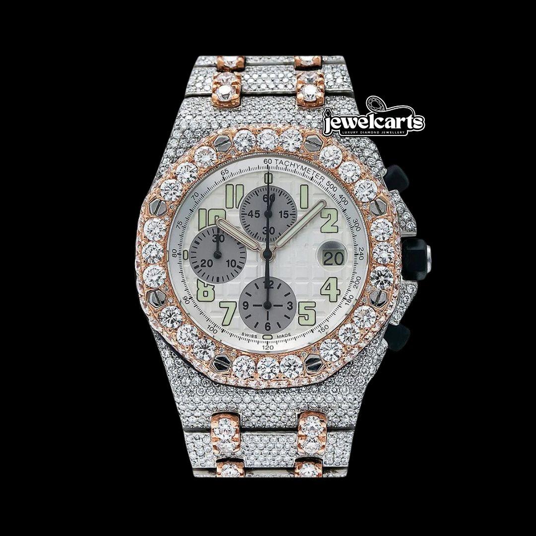 AP Royal Oak Offshore Chronograph Standard Numerals Dial Two Tone Fully Iced Out Moissanite Watch Front View