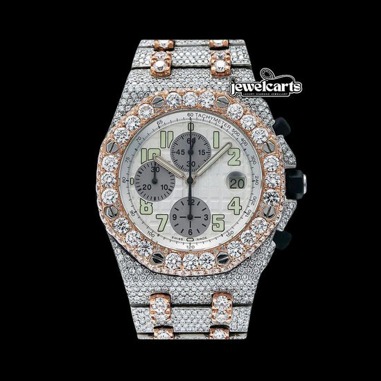 AP Royal Oak Offshore Chronograph Standard Numerals Dial Two Tone Fully Iced Out Moissanite Watch Front View