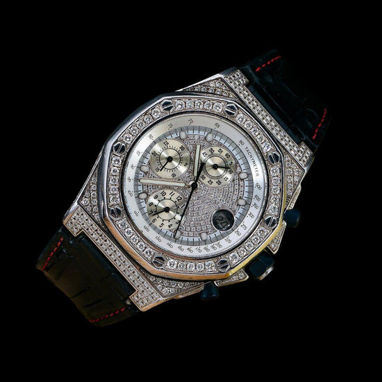 AP Royal Oak Offshore Chronograph White Diamond Dial Semi Iced Out Black Leather Strap Moissanite Watch Close Up Front View