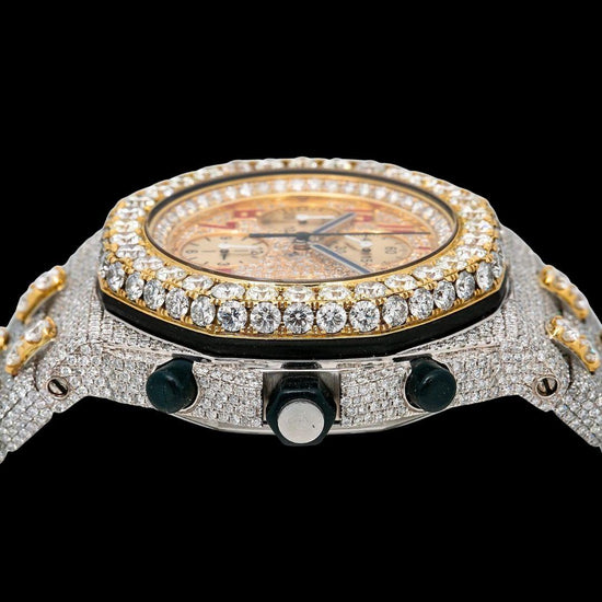 AP Royal Oak Offshore Chronograph Yellow Gold Dial Red Standard Numerals Two Tone Moissanite Watch Crown View