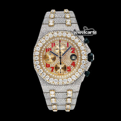 AP Royal Oak Offshore Chronograph Yellow Gold Dial Red Standard Numerals Two Tone Moissanite Watch