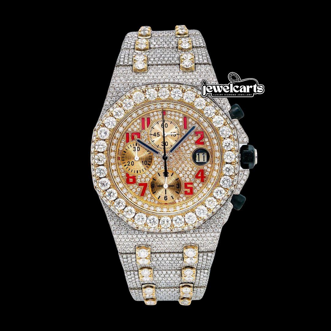 AP Royal Oak Offshore Chronograph Yellow Gold Dial Red Standard Numerals Two Tone Moissanite Watch Front View