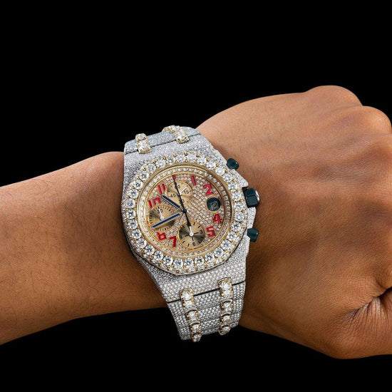 AP Royal Oak Offshore Chronograph Yellow Gold Dial Red Standard Numerals Two Tone Moissanite Watch On Wrist View