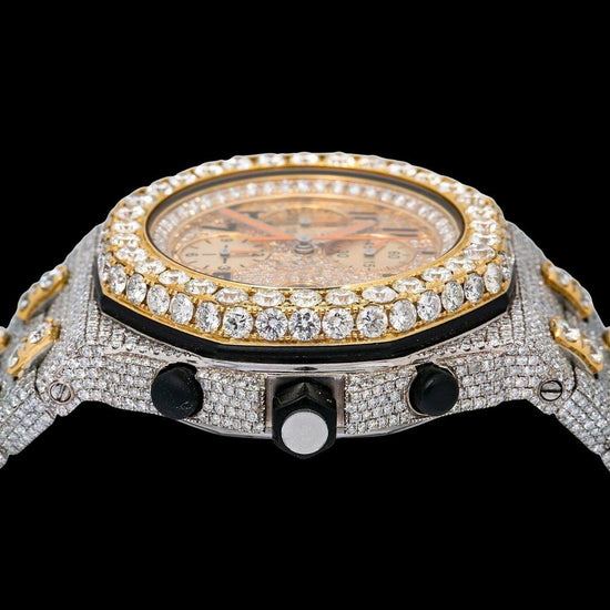 AP Royal Oak Offshore Chronograph Yellow Gold Dial Standard Numerals Two Tone Iced Out Moissanite Watch Crown View