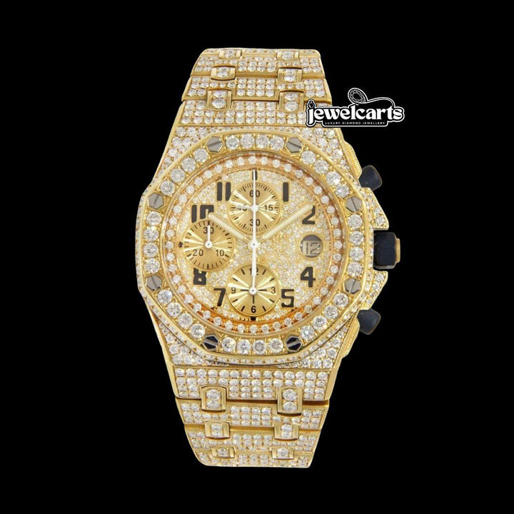 AP Royal Oak Offshore Standard Numerals Chronograph Dial Fully Iced Out Yellow Gold Moissanite Watch Front View