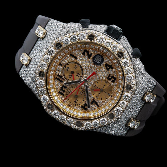 AP Royal Oak Offshore Standard Numerals Chronograph Dial Semi Iced Out Rubber Strap Watch Close Up Front View