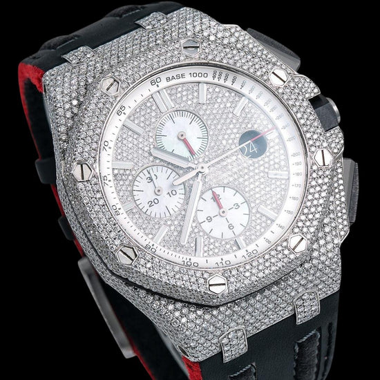 AP Royal Oak Offshore Stick Markers Chronograph Black Leather Strap Moissanite Watch Close Up Dial View