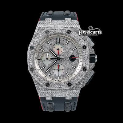 AP Royal Oak Offshore Stick Markers Chronograph Black Leather Strap Moissanite Watch