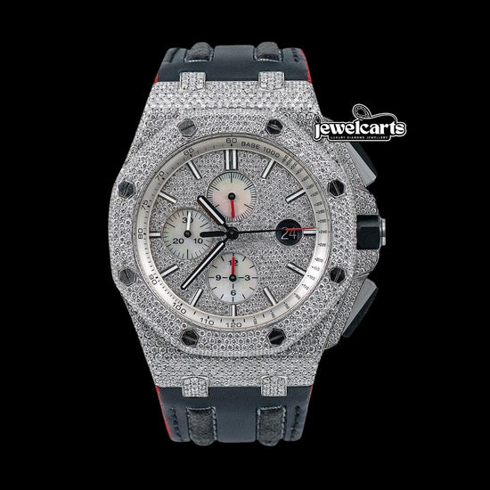 AP Royal Oak Offshore Stick Markers Chronograph Black Leather Strap Moissanite Watch Front View