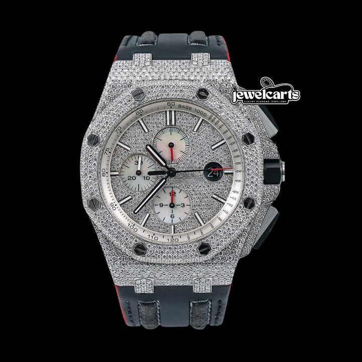 AP Royal Oak Offshore Stick Markers Chronograph Black Leather Strap Moissanite Watch Front View