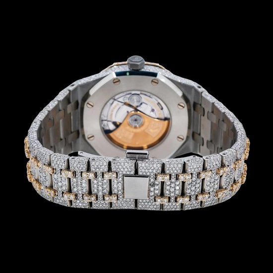 AP Royal Oak Rainbow Arabic Dial Diamond Bezel Two Tone Yellow Gold Fully Iced Out Moissanite Watch Caseback View