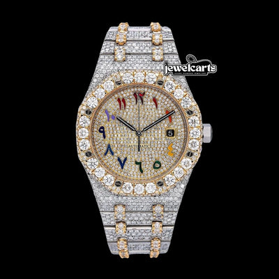 AP Royal Oak Rainbow Arabic Dial Diamond Bezel Two Tone Yellow Gold Fully Iced Out Moissanite Watch