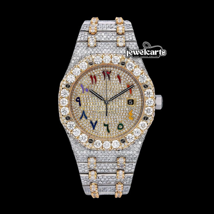 AP Royal Oak Rainbow Arabic Dial Diamond Bezel Two Tone Yellow Gold Fully Iced Out Moissanite Watch Front View