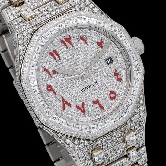 AP Royal Oak Red Arabic Numerals Dial Diamond Bezel Fully Iced Out Moissanite Watch Close Up Dial View
