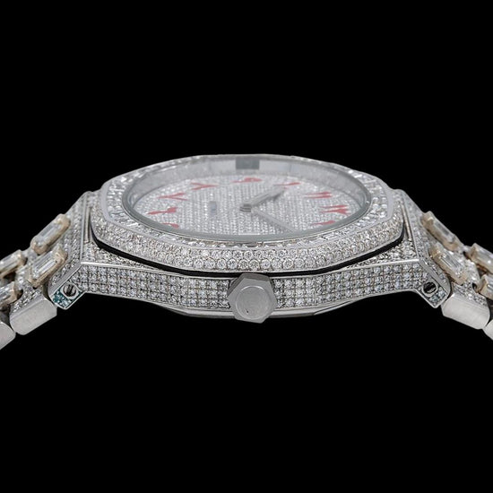 AP Royal Oak Red Arabic Numerals Dial Diamond Bezel Fully Iced Out Moissanite Watch Crown View