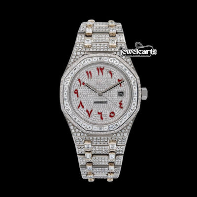 AP Royal Oak Red Arabic Numerals Dial Diamond Bezel Fully Iced Out Moissanite Watch