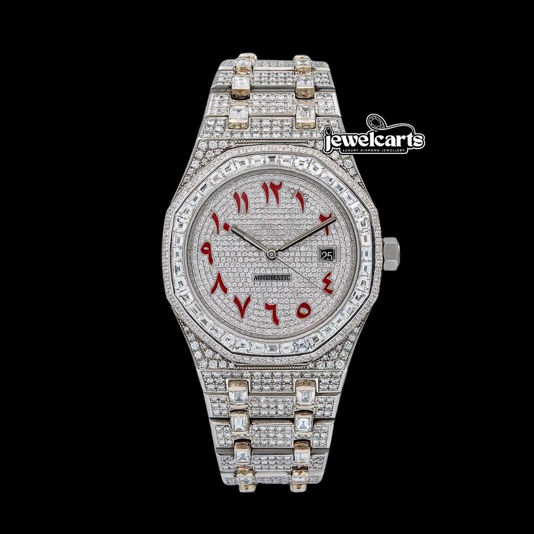 AP Royal Oak Red Arabic Numerals Dial Diamond Bezel Fully Iced Out Moissanite Watch Front View