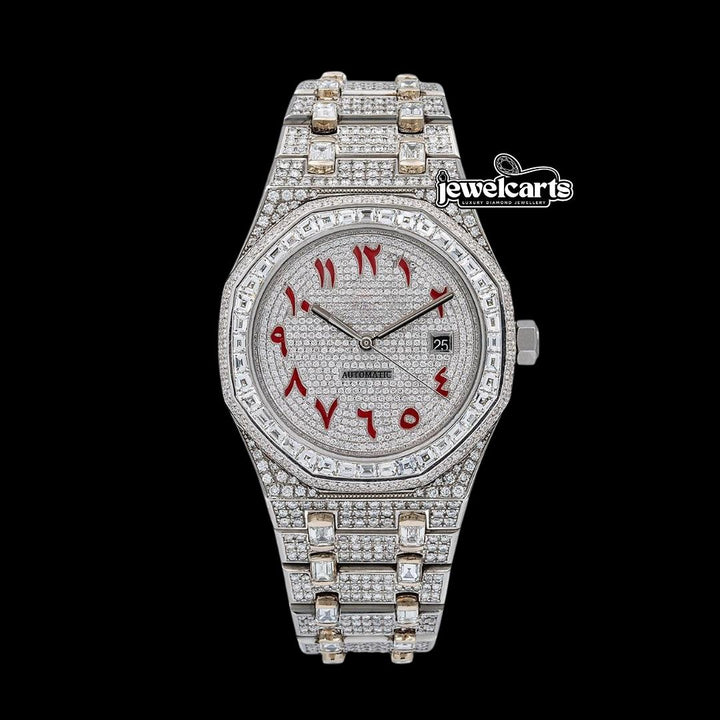 AP Royal Oak Red Arabic Numerals Dial Diamond Bezel Fully Iced Out Moissanite Watch Front View