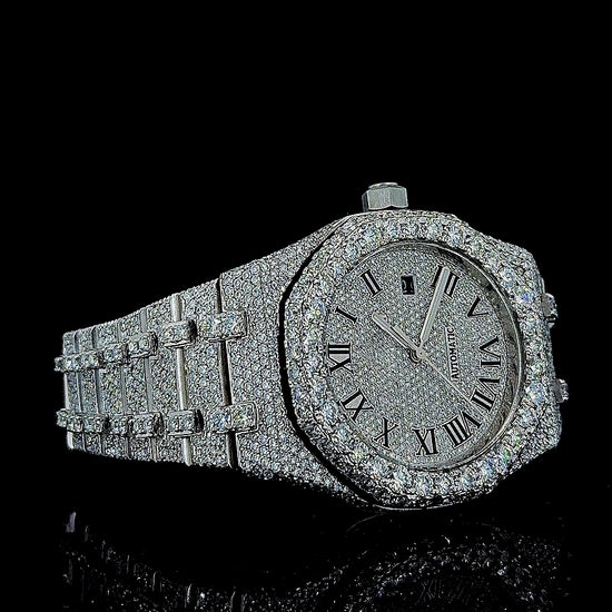 AP Royal Oak Roman Dial Fully Iced Out Moissanite Watch Right Profile View