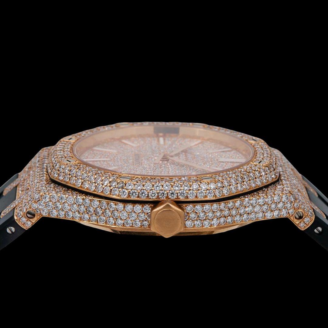 AP Royal Oak Stick Markers Dial Black Rubber Strap Semi Iced Out Moissanite Watch Crown View