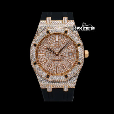 AP Royal Oak Stick Markers Dial Black Rubber Strap Semi Iced Out Moissanite Watch