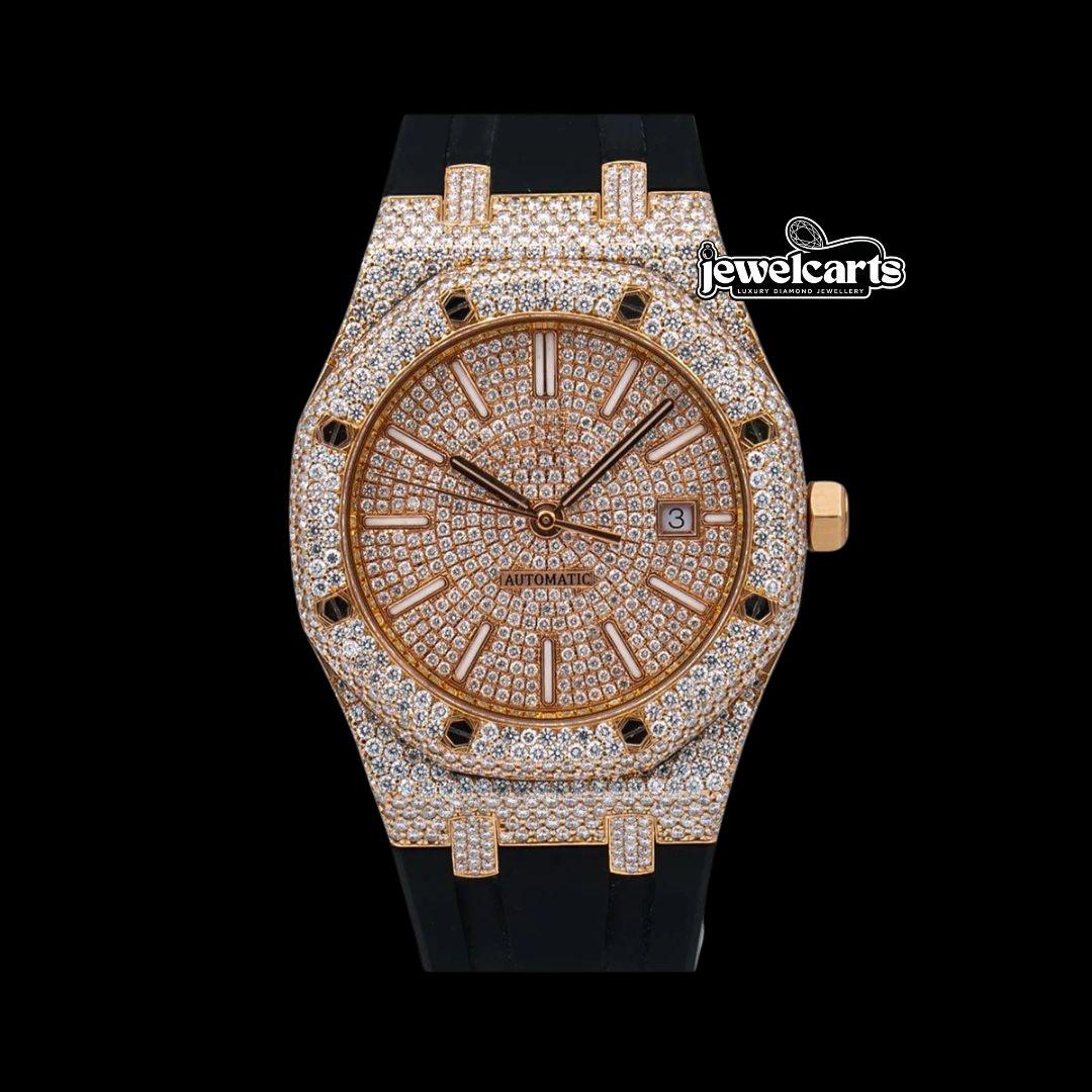 AP Royal Oak Stick Markers Dial Black Rubber Strap Semi Iced Out Moissanite Watch Front View
