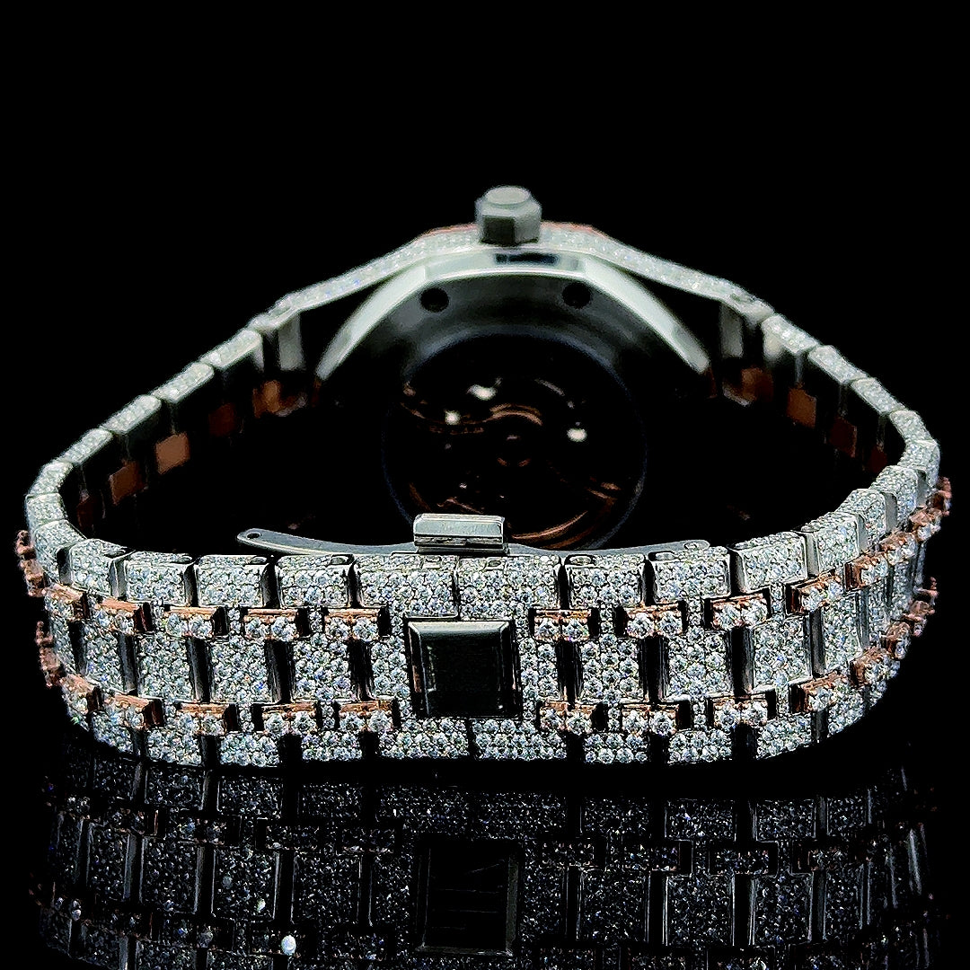 AP Royal Oak Stick Markers Dial Fully Iced Out Two Tone Moissanite Watch Caseback View