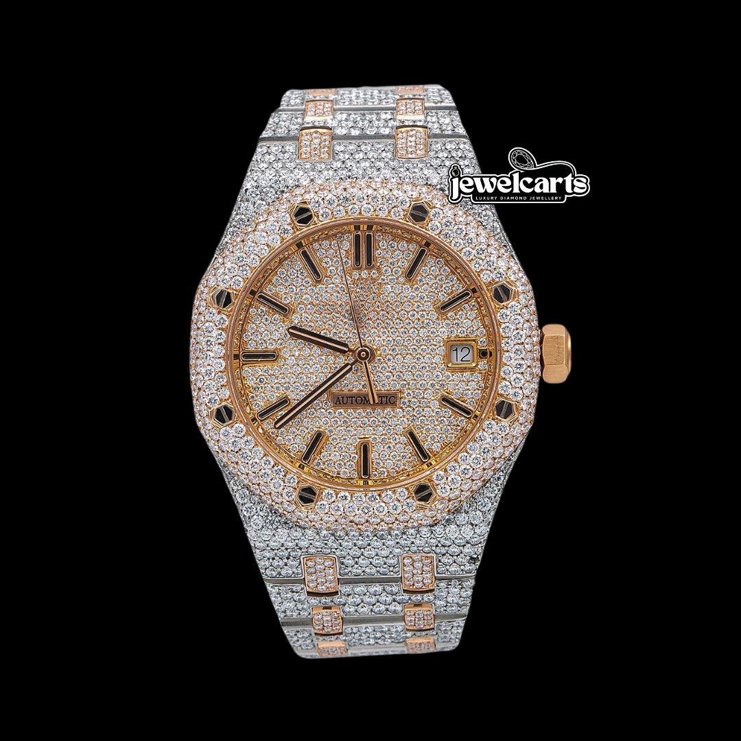 AP Royal Oak Stick Markers Rose Gold Dial Two Tone Iced Out Moissanite Watch Front View