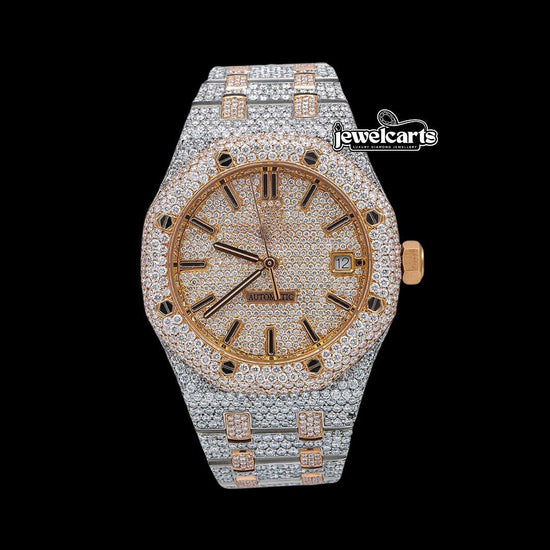 AP Royal Oak Stick Markers Rose Gold Dial Two Tone Iced Out Moissanite Watch Front View