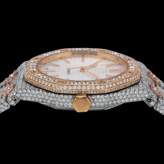 AP Royal Oak White Dial Stick Markers Diamond Bezel Two Tone Rose Gold Moissanite Watch Crown View