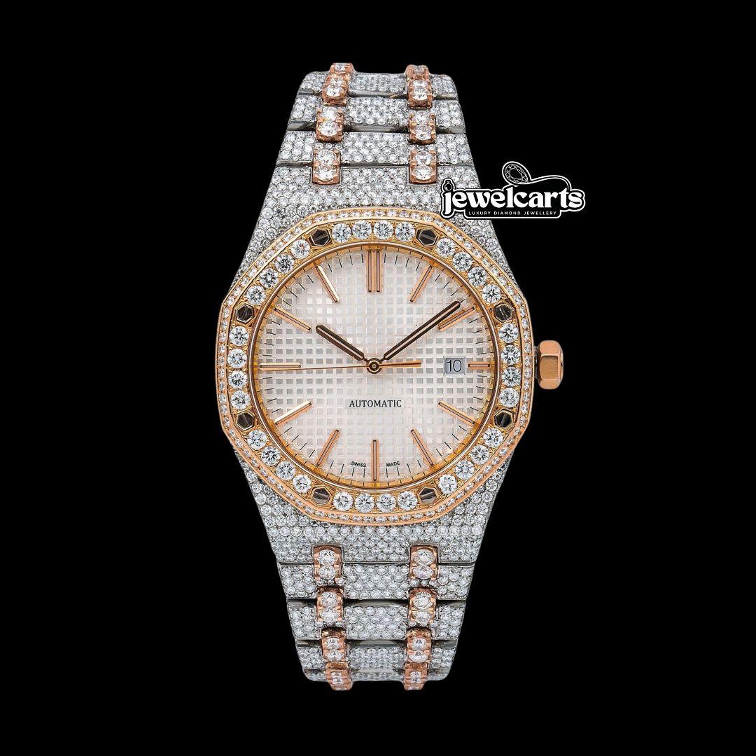 AP Royal Oak White Dial Stick Markers Diamond Bezel Two Tone Rose Gold Moissanite Watch Front View
