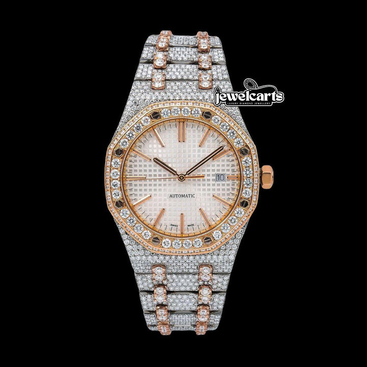 AP Royal Oak White Dial Stick Markers Diamond Bezel Two Tone Rose Gold Moissanite Watch Front View