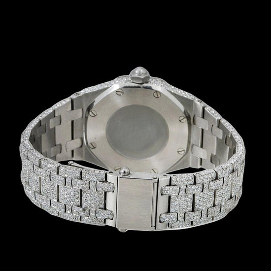 AP Royal Oak White Dial White Stick Markers Fully Iced Out Moissanite Watch Caseback View