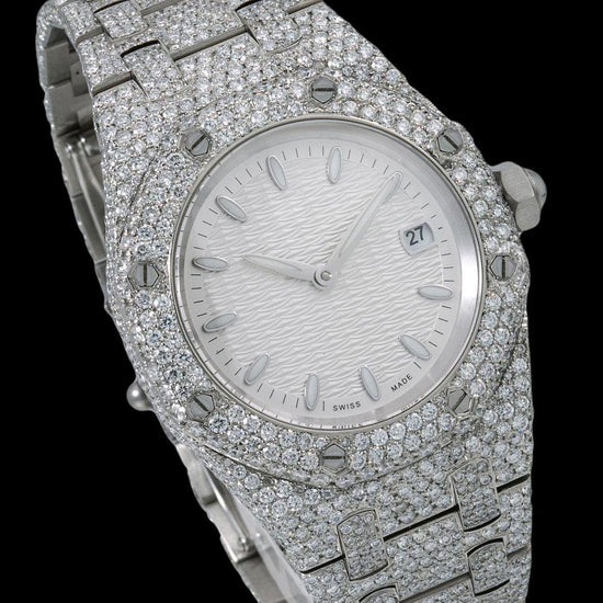 AP Royal Oak White Dial White Stick Markers Fully Iced Out Moissanite Watch Close Up Dial View