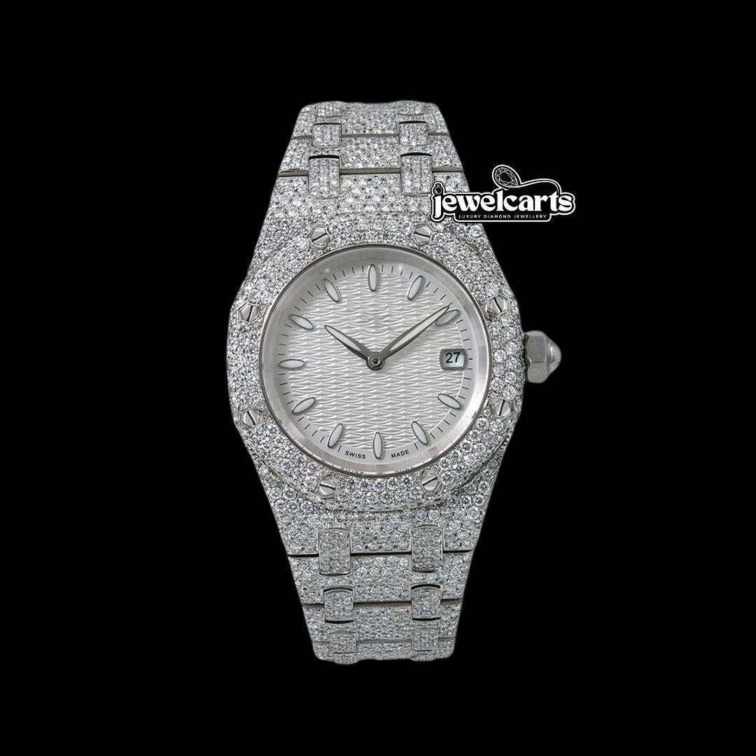AP Royal Oak White Dial White Stick Markers Fully Iced Out Moissanite Watch Front View