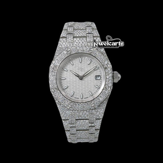 AP Royal Oak White Dial White Stick Markers Fully Iced Out Moissanite Watch Front View